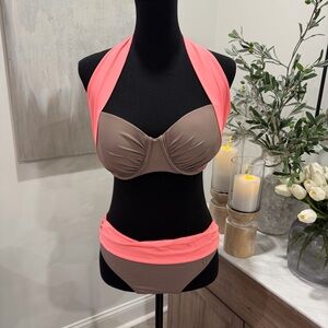 VENUS Two-Tone Halter Bikini — Coral & Taupe